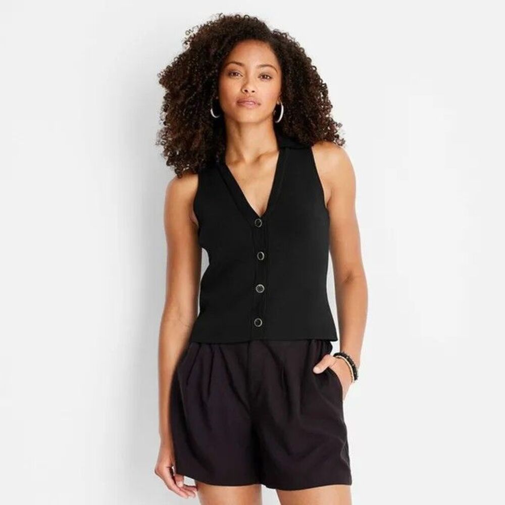 Future Collective Women's Black Sweater Vest Size Small Button Up V-Neck Casual